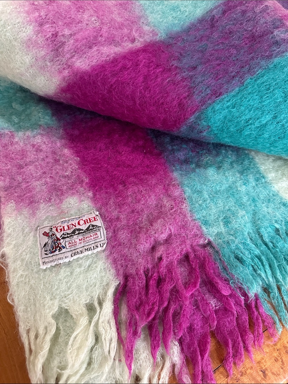 Vintage Glen Cree Scottish Mohair Cotton Candy Plaid Throw 38x62